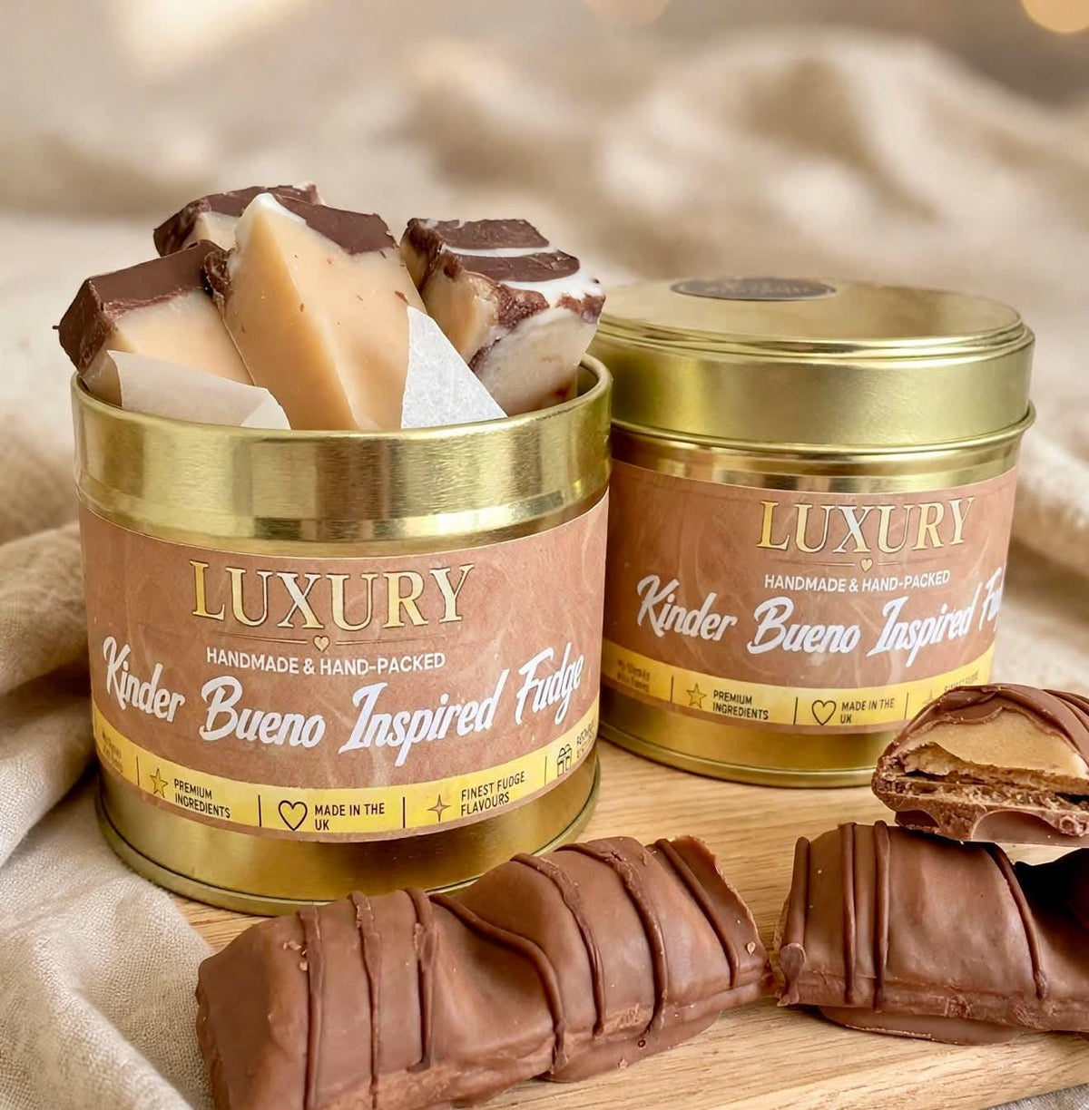 Handmade Kinder Bueno Fudge Gift Tin | Milk And White Chocolate & Hazelnut Flavoured Fudge