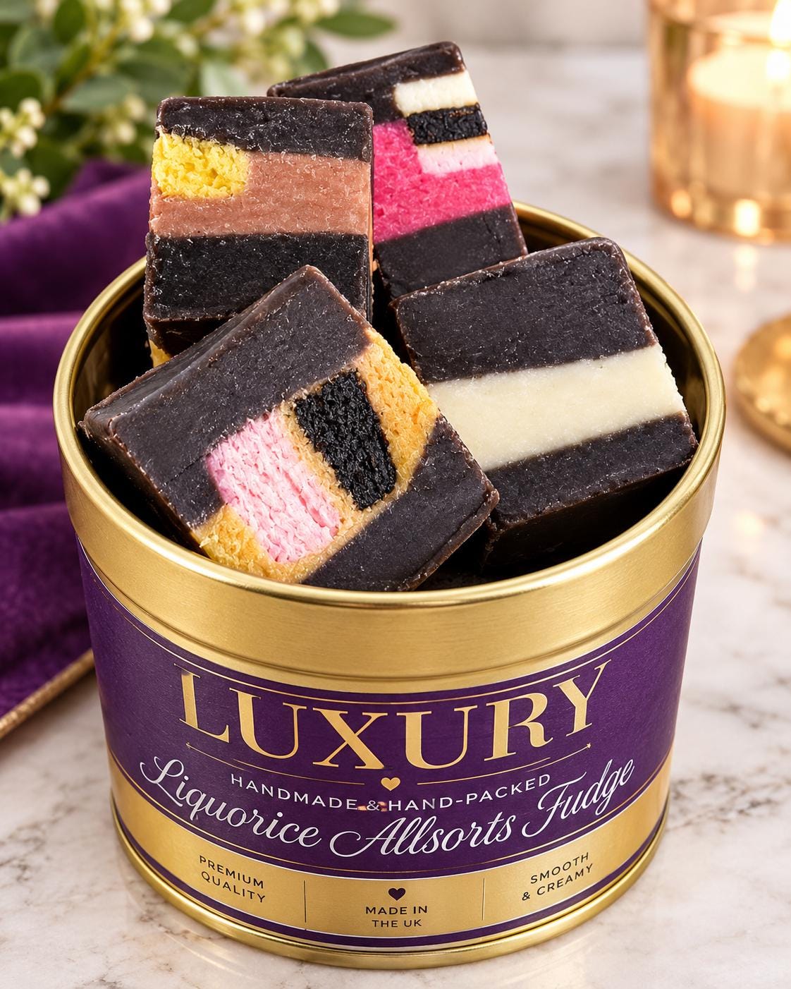 Handmade Liquorice Allsorts Sweets Fudge Gift Tin, Luxury Hand-packed Fudge  (160g) Free shipping (UK)