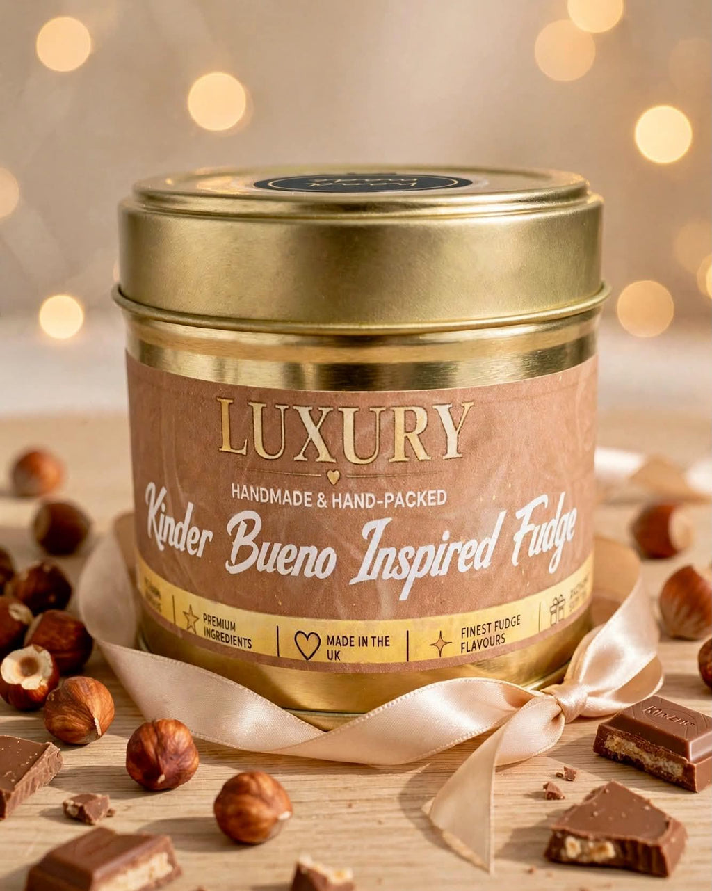 Handmade Kinder Bueno Fudge Gift Tin | Milk And White Chocolate & Hazelnut Flavoured Fudge