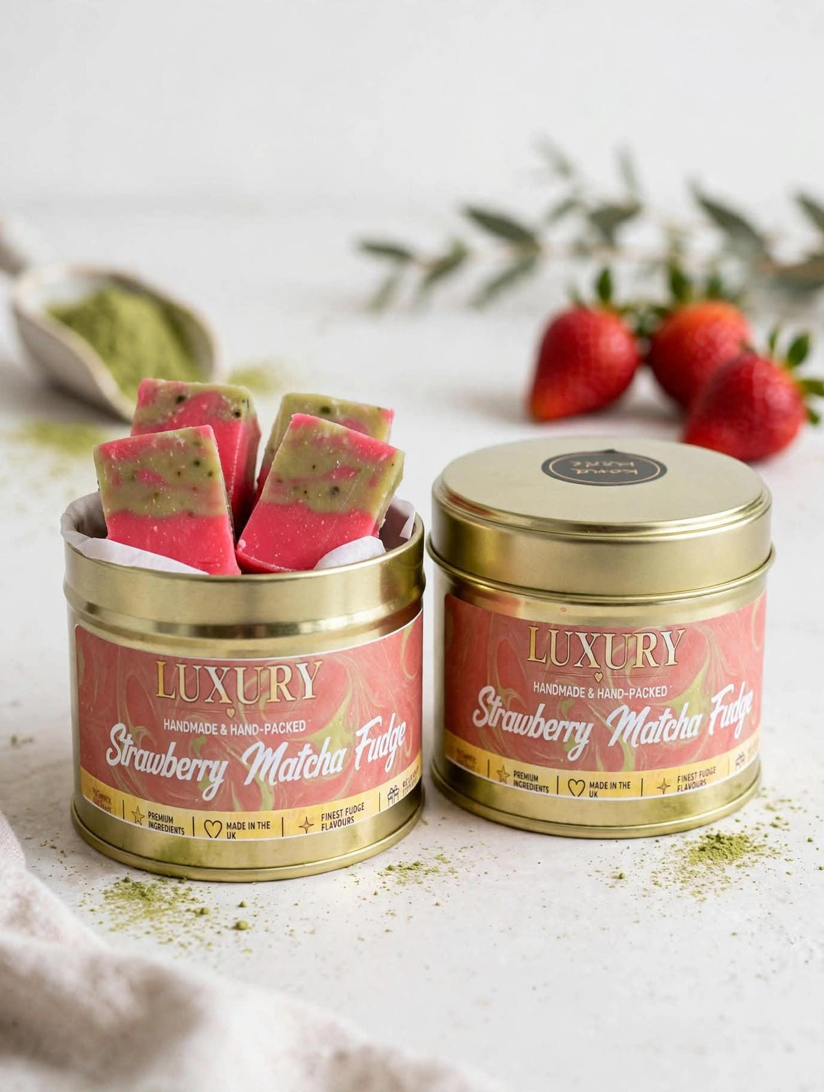 Handmade Strawberry Matcha Fudge Tin: Creamy Green Tea & Strawberry Treat