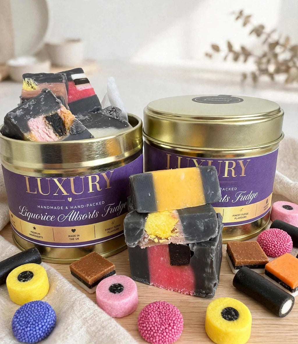Handmade Liquorice Allsorts Sweets Fudge Gift Tin, Luxury Hand-packed Fudge  (160g) Free shipping (UK)