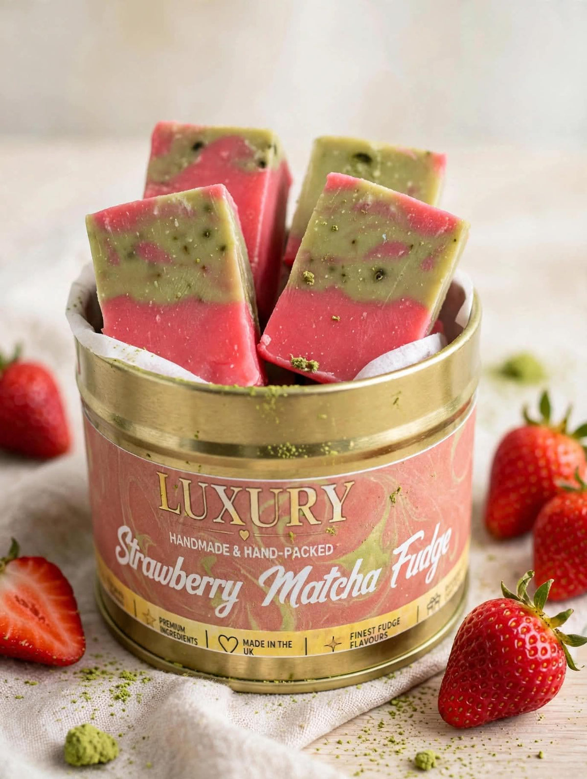 Handmade Strawberry Matcha Fudge Tin: Creamy Green Tea & Strawberry Treat